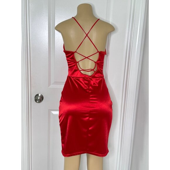 Red Satin Spaghetti Strap Criss-Cross Back Bodycon Mini Dress - Womens M - Picture 2 of 4